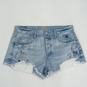American Eagle Blue Denim Hi-Rise Distressed Shorts Artsy Graffiti